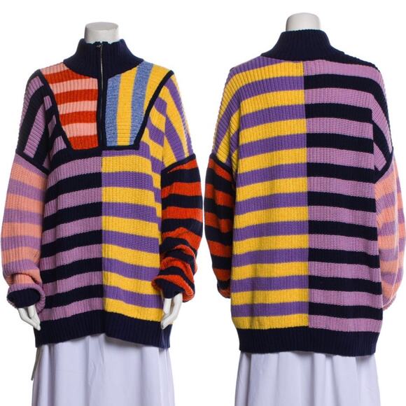 STAUD Hampton Oversized Stripe Cabana Knit Sweater Size Large Half Zip Cotton - Picture 5 of 13